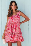 Red Tiered Ruffled Square Neck Sleeveless Floral Mini Dress