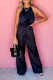 Black Halter Neck Sleeveless Wide Leg Jumpsuit with Belt
