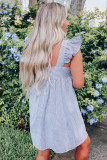 Sky Blue Floral Embroidered Striped Ruffled Sleeveless Mini Dress