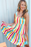 Multicolor Rainbow Stripe Print Tiered Sundress