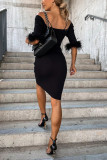 Black Ribbed Off Shoulder Feather Cuff Bodycon Dress