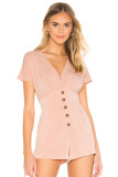 Pink Deep V Neck Buttoned High Waist Romper