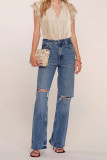 Plain V Neck Ruffle Crochet Sleeves Blouse