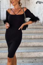 Black Ribbed Off Shoulder Feather Cuff Bodycon Dress