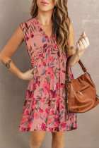 Red Boho Floral Print Frill V Neck Sleeveless Dress