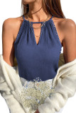Blue Pompom Trim Cut out Tank Top