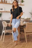 Black Ruched Puff Short Sleeve Satin Blouse