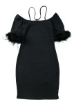 Black Ribbed Off Shoulder Feather Cuff Bodycon Dress