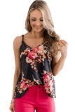 Black Floral Print Adjustable Spaghetti Strap V Neck Tank Top