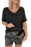Black Plain Short Sleeve V Neck Knitted Top