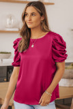 Red Ruched Puff Short Sleeve Satin Blouse