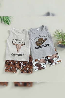 Little CowBoy Western Print Boy Tank Top With Shorts 2pcs Set