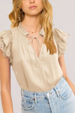 Plain V Neck Ruffle Crochet Sleeves Blouse