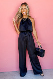 Black Halter Neck Sleeveless Wide Leg Jumpsuit with Belt