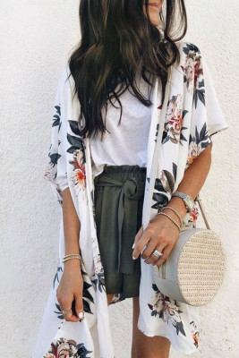 White Floral Print Summer Kimono