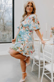 Sky Blue Floral Print Ruffled Puff Sleeve Plus Size Mini Dress