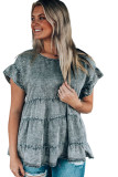 Gray Flutter Sleeves Tiered Denim Top