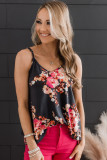 Black Floral Print Adjustable Spaghetti Strap V Neck Tank Top