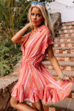 Red Stripe Print Rolled Short Sleeve V Neck Mini Dress