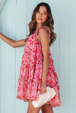 Red Tiered Ruffled Square Neck Sleeveless Floral Mini Dress