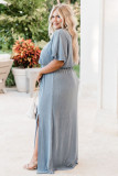 Sky Blue Plus Size Short Sleeves Rib Knit Maxi Dress with Slit