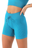 Sky Blue Solid Color Ribbed Drawstring Waist Yoga Shorts