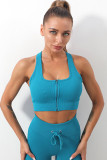 Sky Blue Solid Color Ribbed Drawstring Waist Yoga Shorts