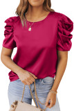 Red Ruched Puff Short Sleeve Satin Blouse