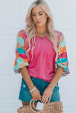 Rose Stripe Color Block Bubble Sleeve Top