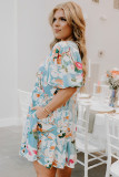 Sky Blue Floral Print Ruffled Puff Sleeve Plus Size Mini Dress