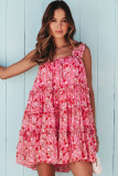 Red Tiered Ruffled Square Neck Sleeveless Floral Mini Dress