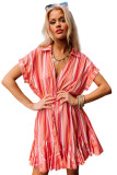 Red Stripe Print Rolled Short Sleeve V Neck Mini Dress