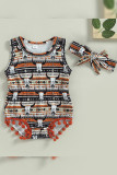 Western Print Baby Romper With Headband 2pcs Set