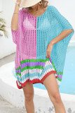 Color Block Striped Hem Hollow Out Knit Kimono