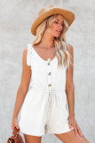 White Buttons Drawstring Sleeveless Romper