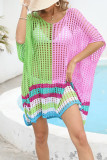 Color Block Striped Hem Hollow Out Knit Kimono