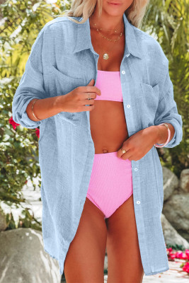Sky Blue Lightweight Shirt Style Beach Cover Up