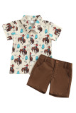 Western Print Boy Button Blouse With Short 2pcs Set
