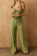 Green Shirred Knotted Front Tied Shoulder Wide Leg Jumpsuit