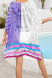 Color Block Striped Hem Hollow Out Knit Kimono