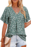V Neck Swiss Dot Flare Sleeves Top