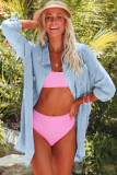 Sky Blue Lightweight Shirt Style Beach Cover Up