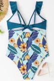 V Neck Ruffles Floral One Piece Swimsuit