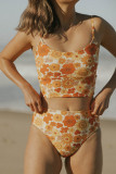Orange Floral Print Spaghetti Straps Crop Bikini Set