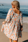 Orange Plus Size Square Neck Tie Sleeve Floral Dress