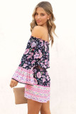 Blue Floral Patchwork High Waist Off Shoulder Romper