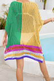 Color Block Striped Hem Hollow Out Knit Kimono