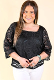 Black Plus Size Lace Crochet Square Neck Blouse
