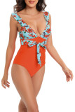 V Neck Ruffles Floral One Piece Swimsuit