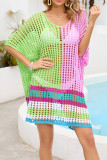 Color Block Striped Hem Hollow Out Knit Kimono